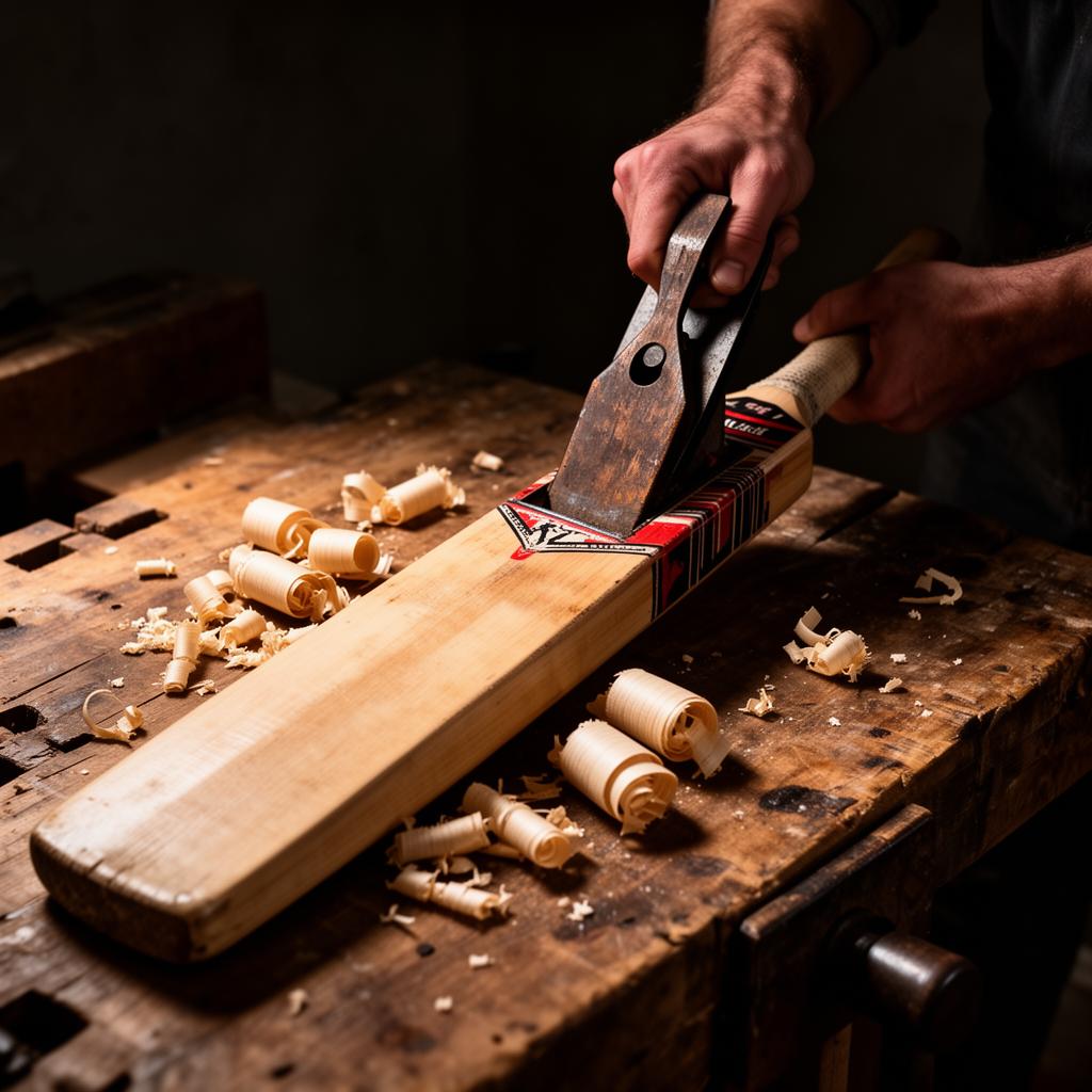 A vintage cricket bat being hand-planed on a workbench